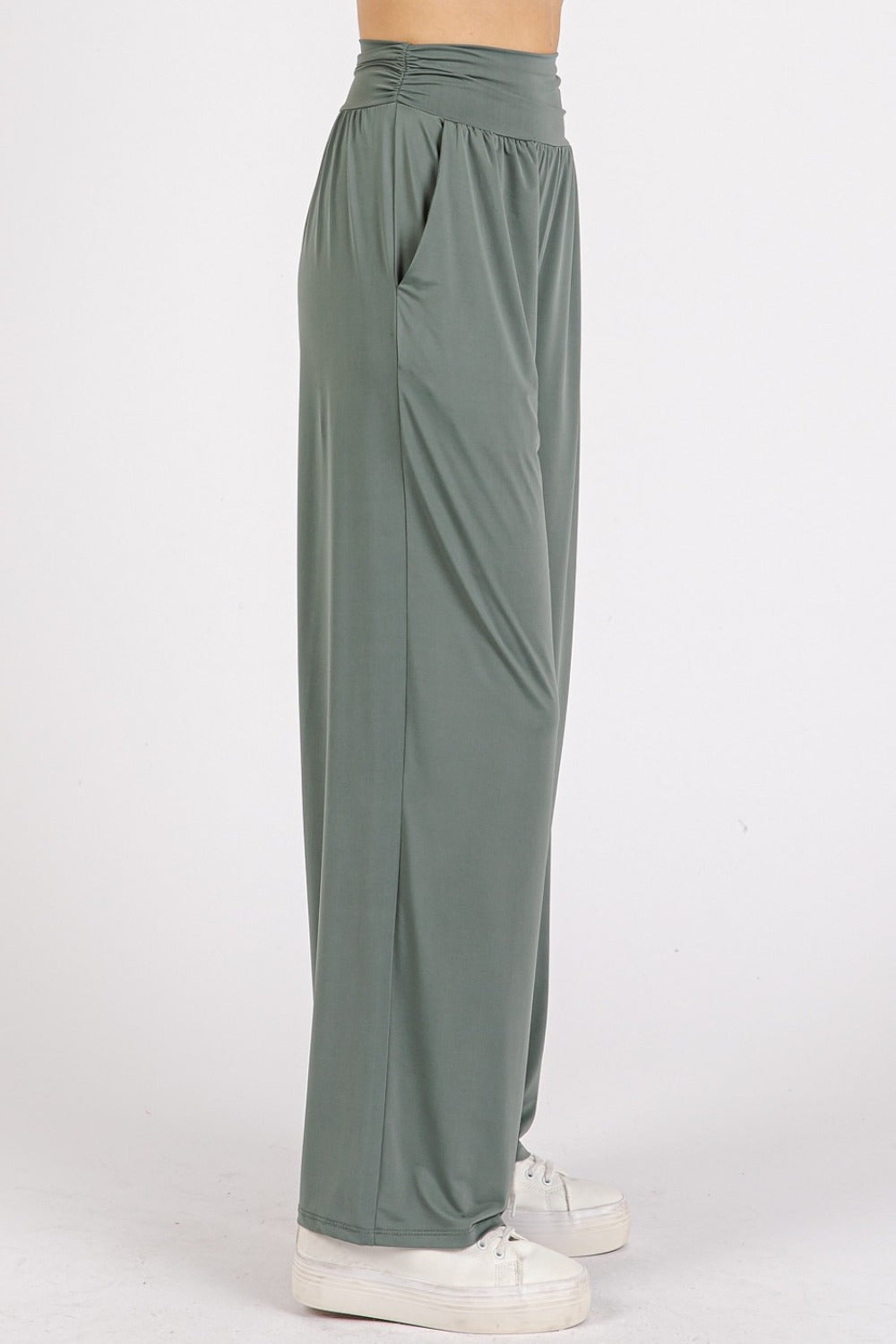 Mittoshop Stretch Banded Waist Wide Leg Pants with Pockets - Get Stylish