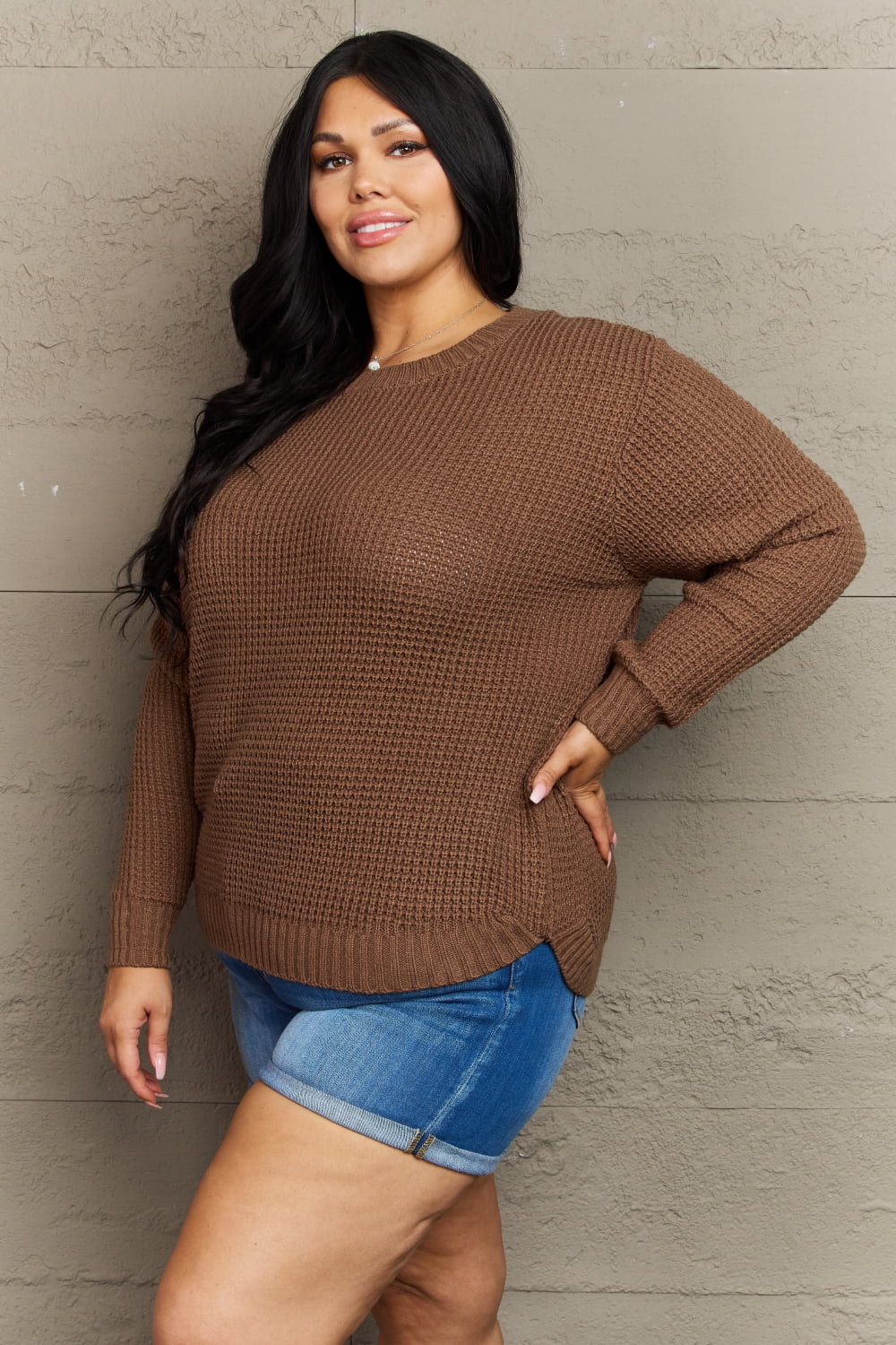 Zenana Breezy Days Plus Size High Low Waffle Knit Sweater - Get Stylish