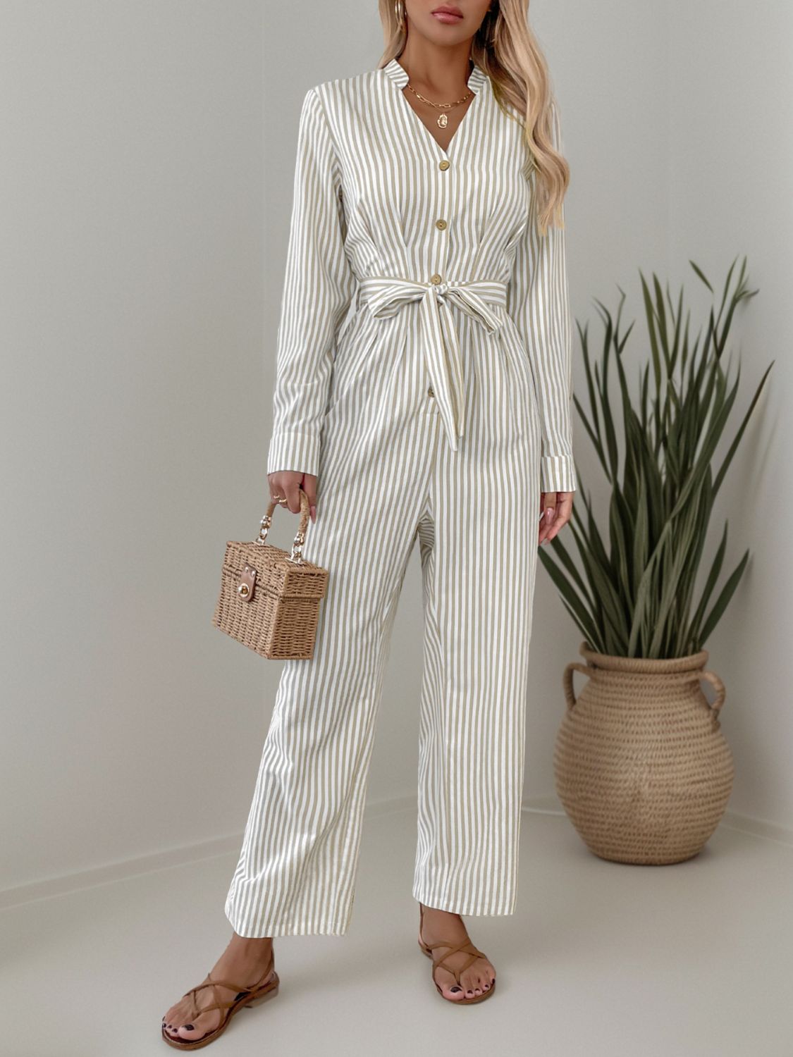 Striped Notched Long Sleeve Tie Waist Jumpsuit - Get Stylish