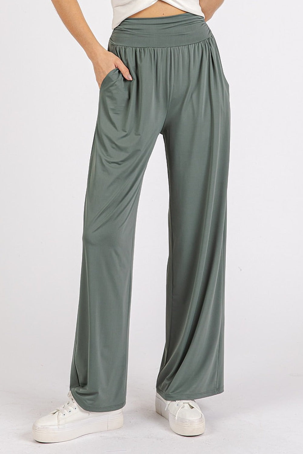 Mittoshop Stretch Banded Waist Wide Leg Pants with Pockets - Get Stylish