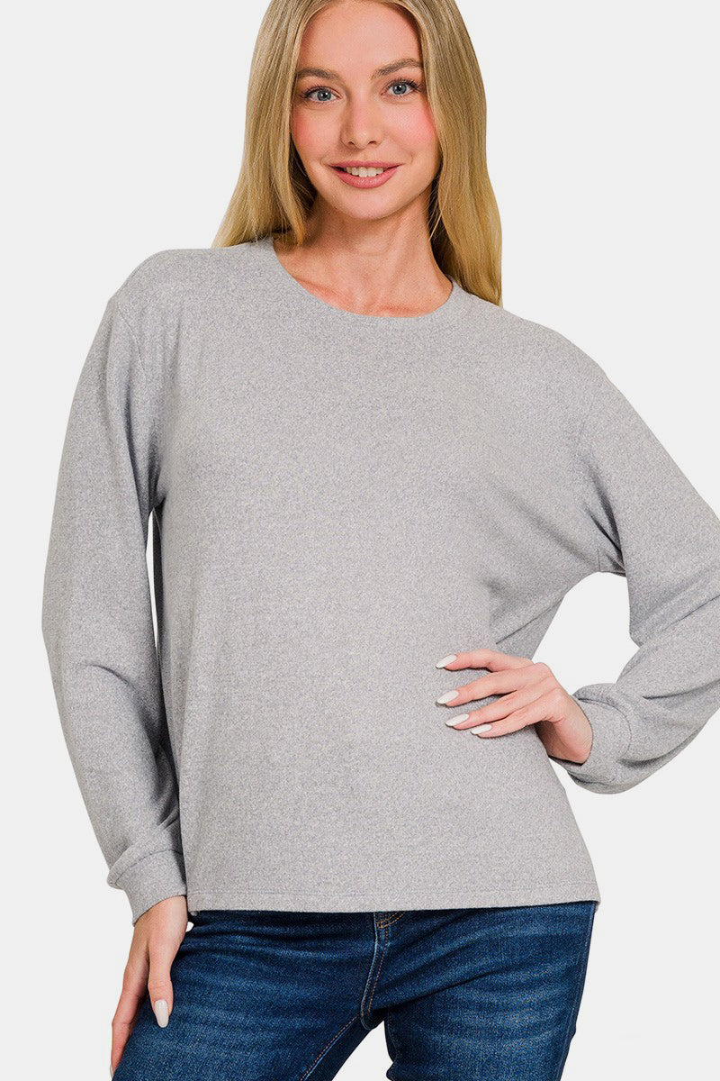 Zenana Hacci Round Neck Long Sleeve T-Shirt - Get Stylish