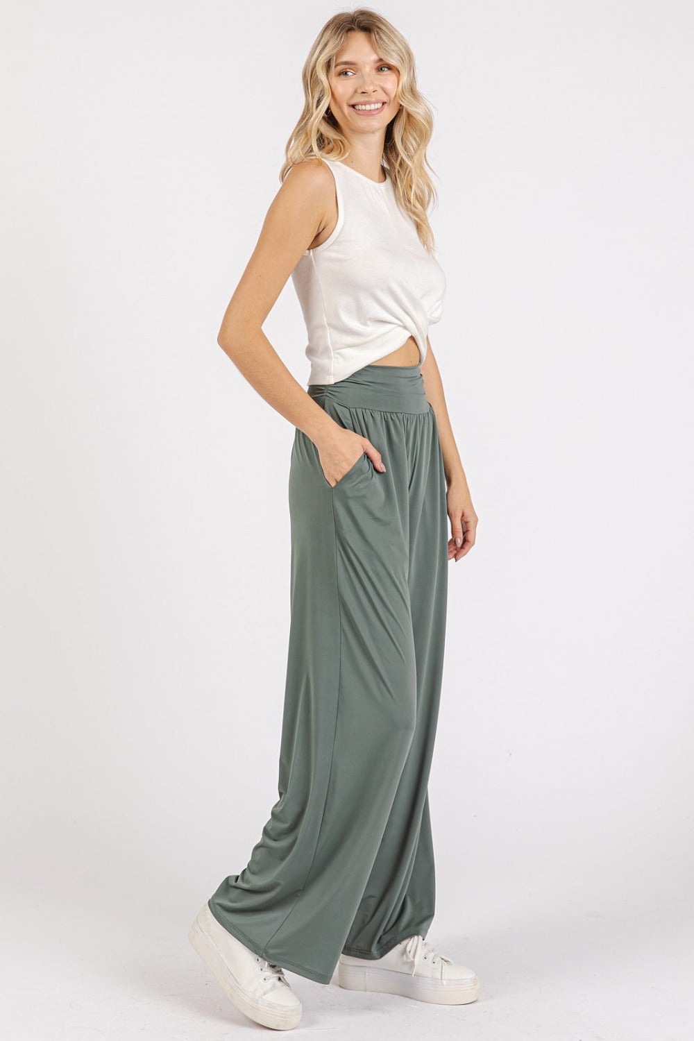 Mittoshop Stretch Banded Waist Wide Leg Pants with Pockets - Get Stylish