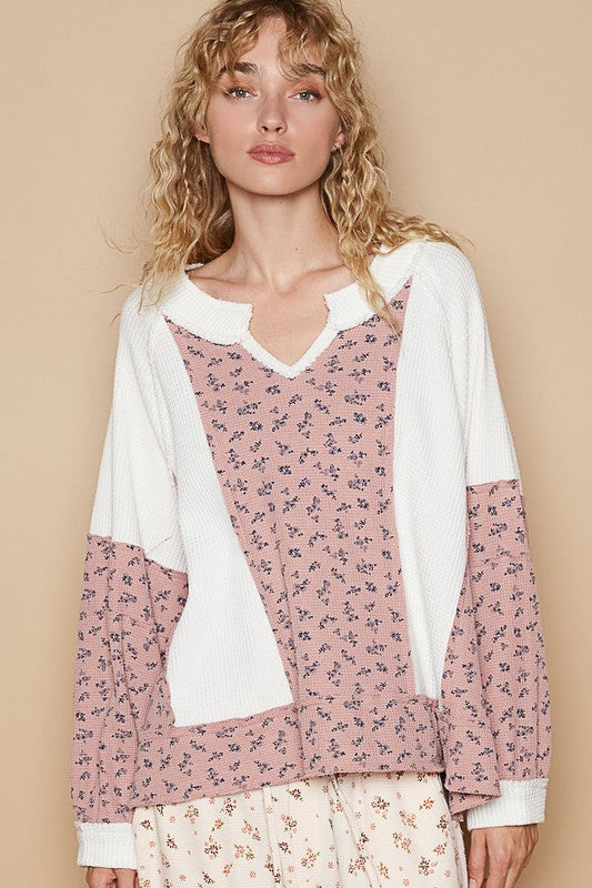 POL Waffle Knit Floral Notched Long Sleeve Top - Get Stylish