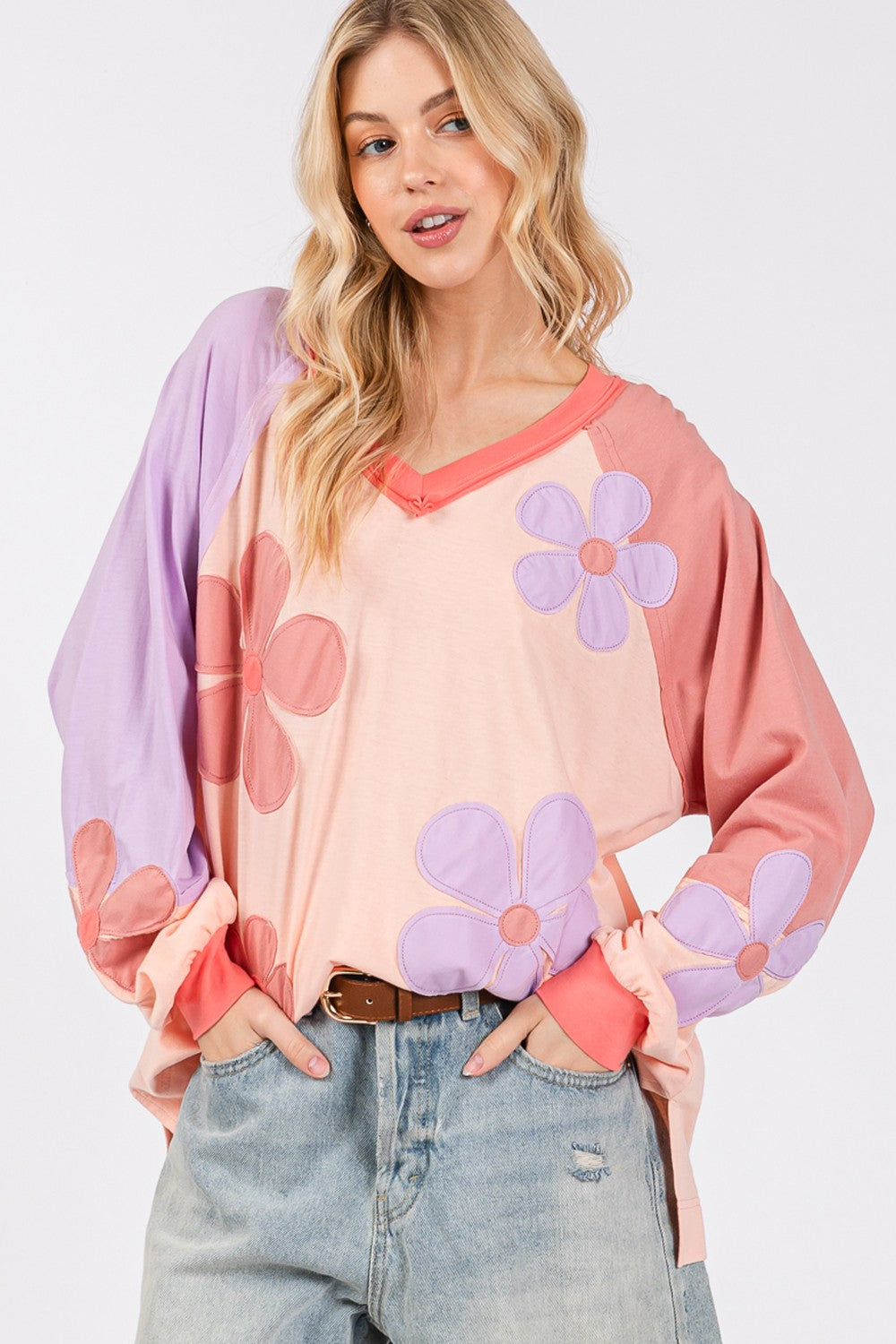 SAGE + FIG Full Size Daisy Applique Patch Color Block Long Sleeve Top - Get Stylish