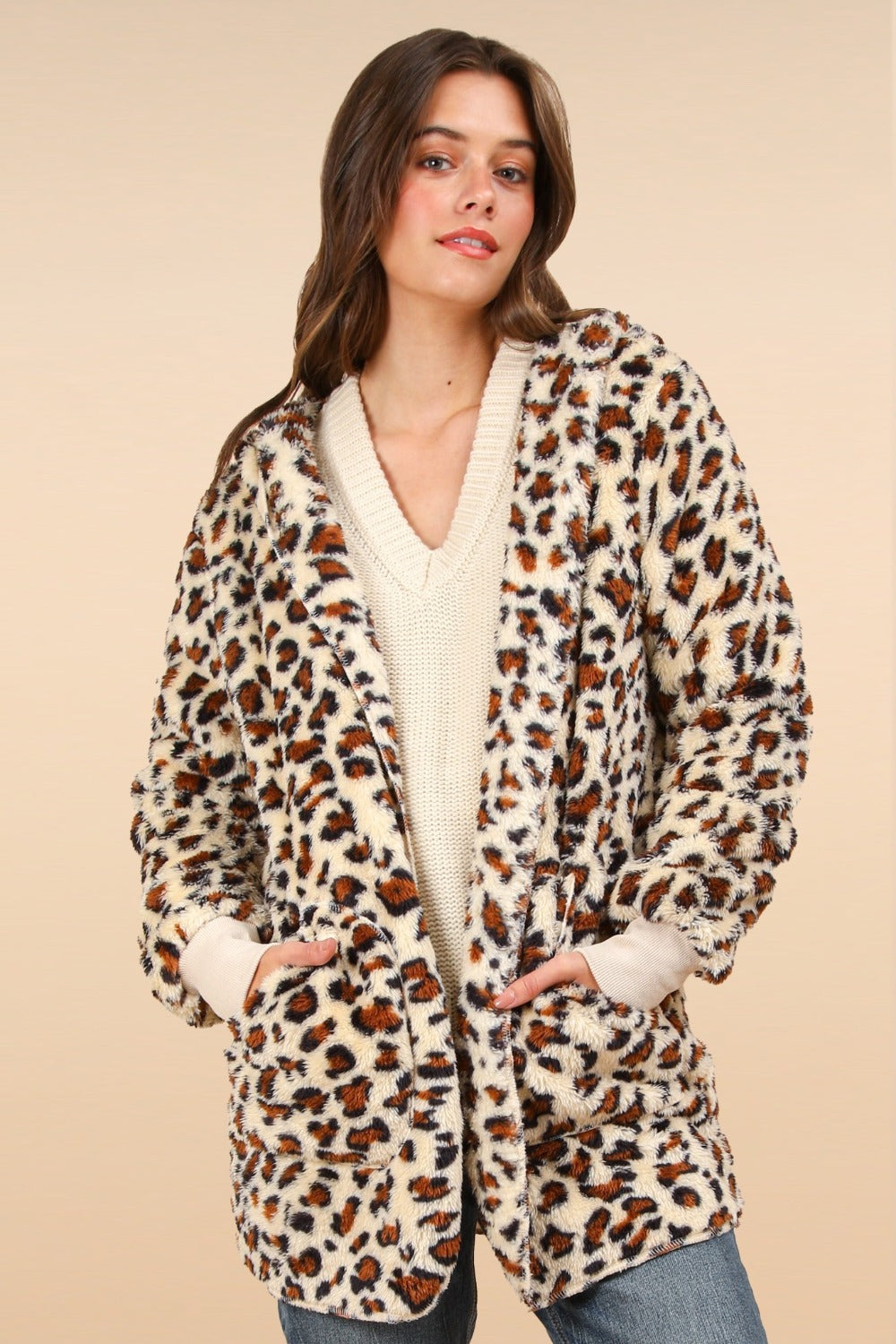 VERY J Fuzzy Leopard Long Sleeve Hooded Jacket - Get Stylish