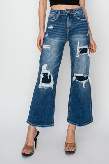 Full Size High Rise Patch Detailed Wide Leg Crop Jeans