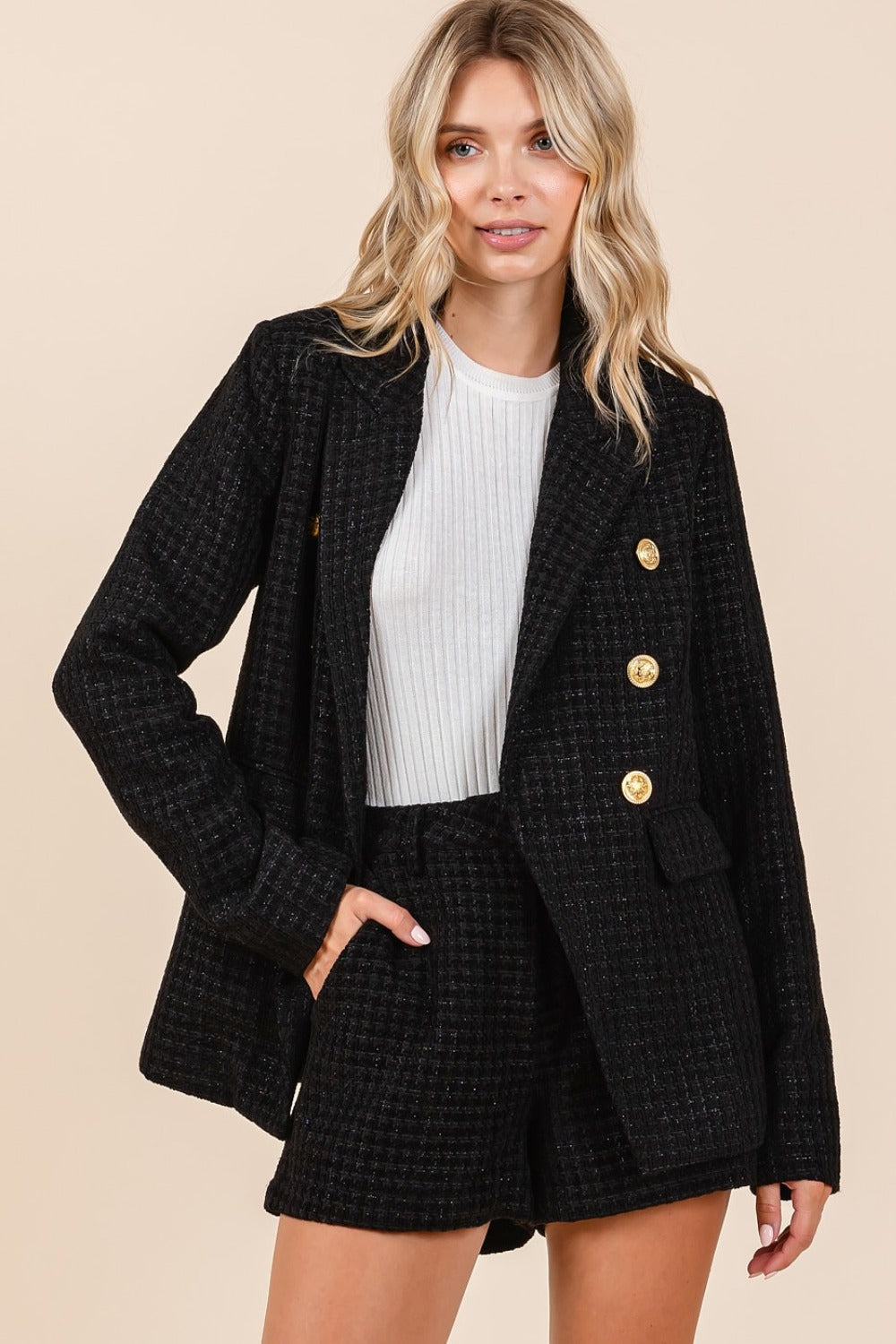 Mittoshop Plaid Texture Double-Breasted Long Sleeve Blazer - Get Stylish