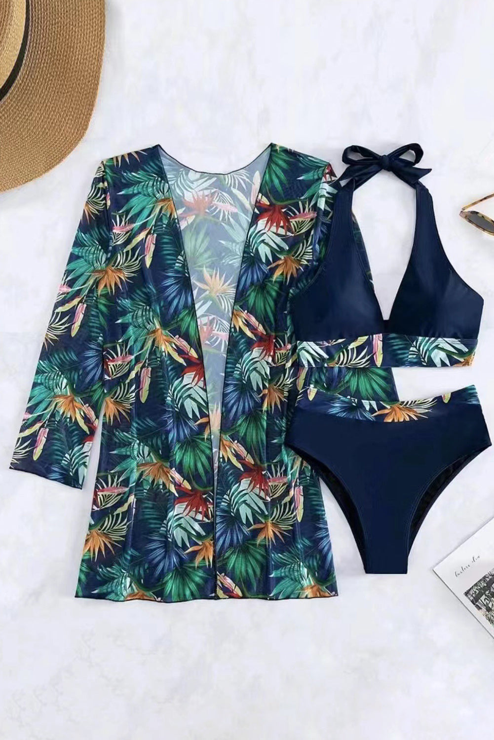 Printed Halter Neck Three-Piece Swim Set - Get Stylish