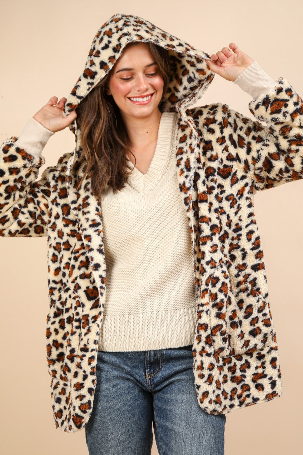 VERY J Fuzzy Leopard Long Sleeve Hooded Jacket - Get Stylish