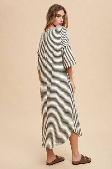 Annie Wear Striped Round Neck Terry Midi Dress