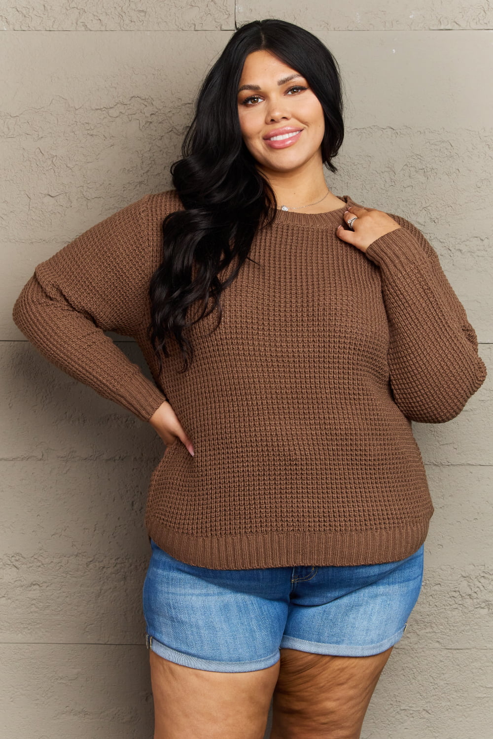 Zenana Breezy Days Plus Size High Low Waffle Knit Sweater - Get Stylish