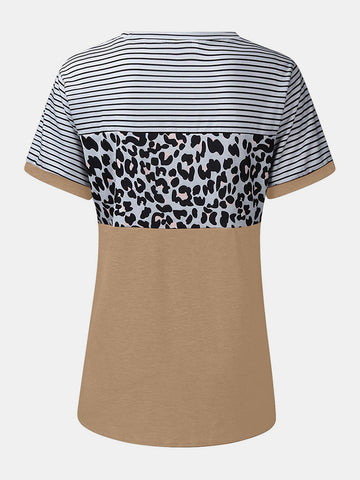 Full Size Striped Leopard Round Neck Short Sleeve T-Shirt