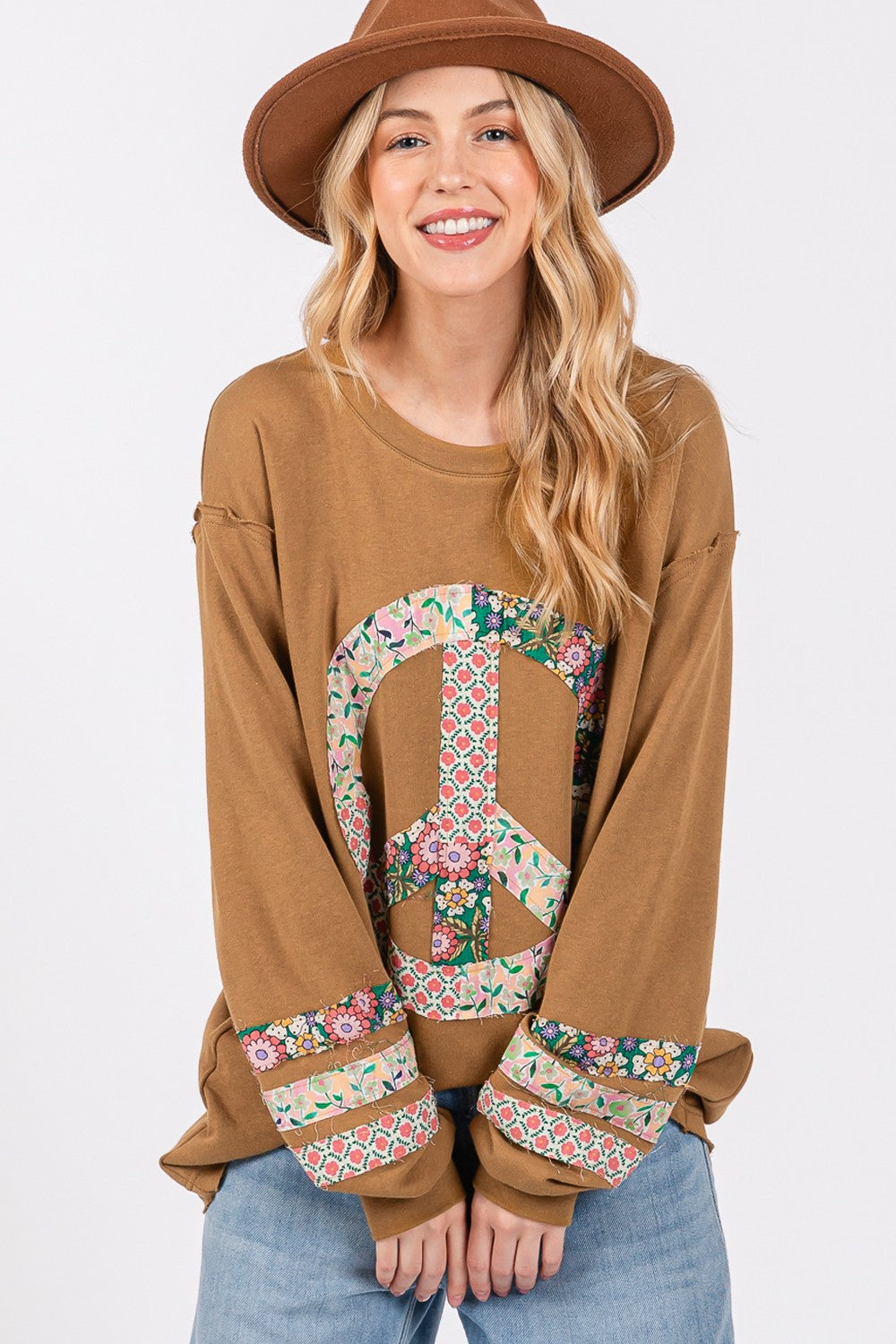 SAGE + FIG Peace Applique Patch Long Sleeve Top - Get Stylish