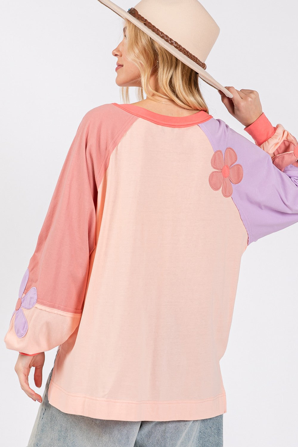 SAGE + FIG Full Size Daisy Applique Patch Color Block Long Sleeve Top - Get Stylish