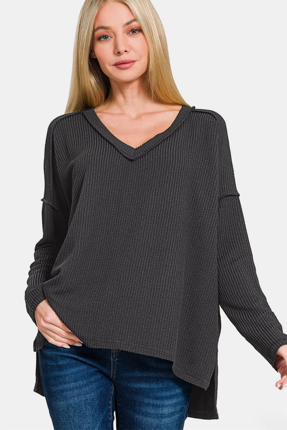 Zenana Texture Exposed Seam V-Neck Long Sleeve T-Shirt - Get Stylish