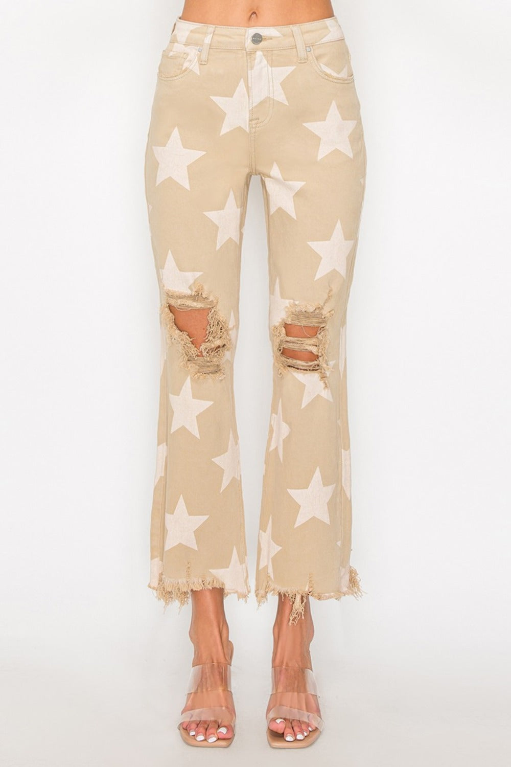 RISEN Full Size High Rise Star Printed Frayed Hem Jeans - Get Stylish