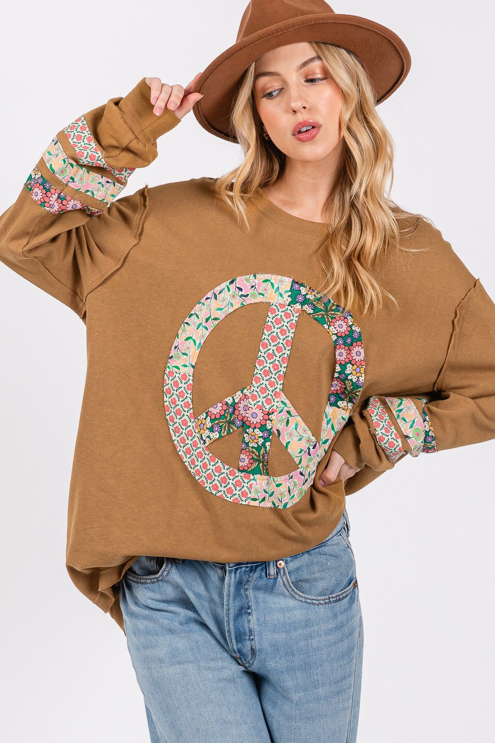 SAGE + FIG Peace Applique Patch Long Sleeve Top - Get Stylish