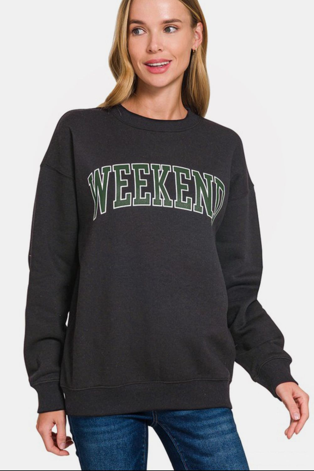 Zenana WEEKEND Round Neck Dropped Shoulder Sweatshirt - Get Stylish