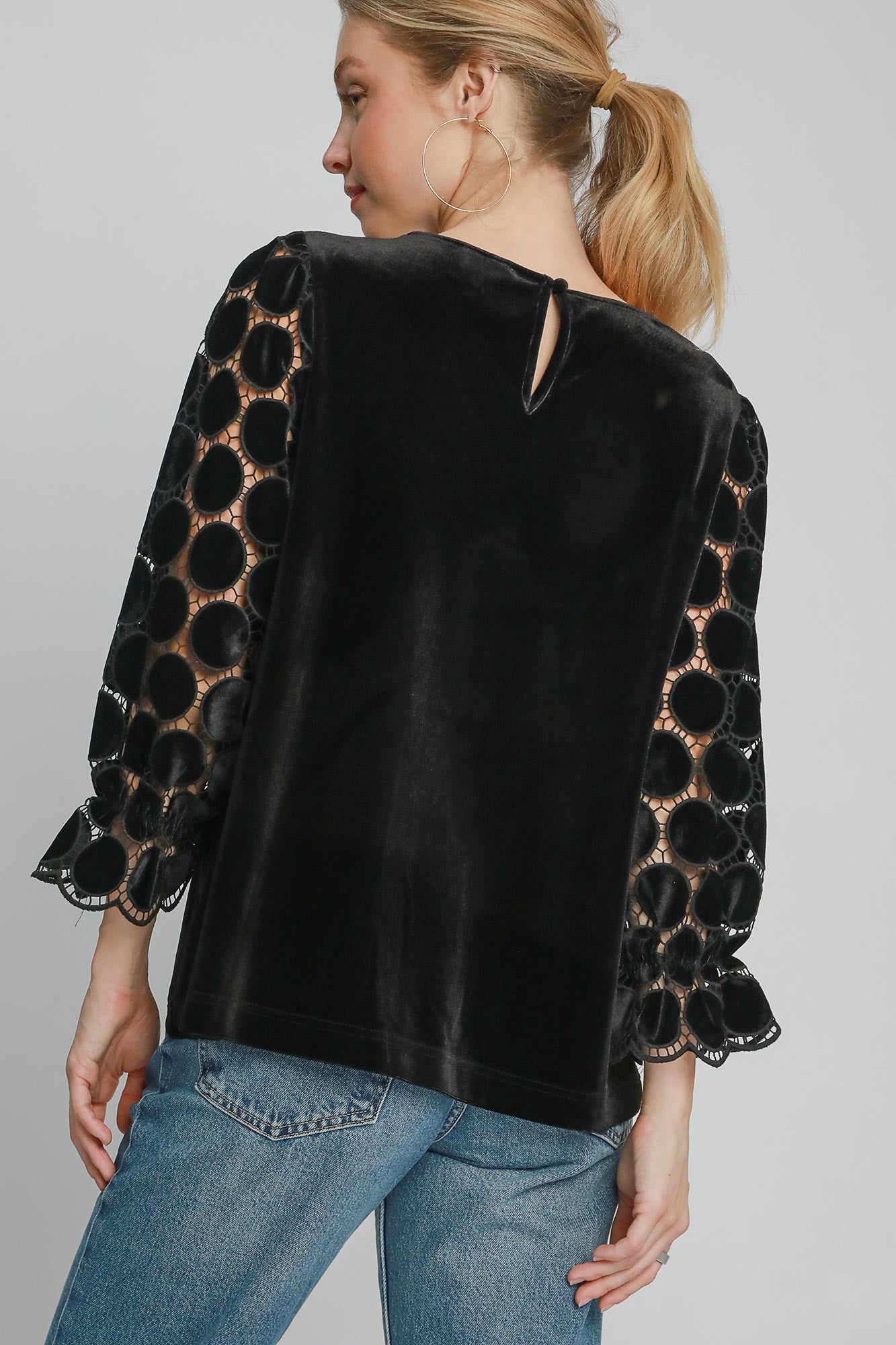 Umgee Polka Dot Lace Long Sleeve Round Neck Blouse - Get Stylish