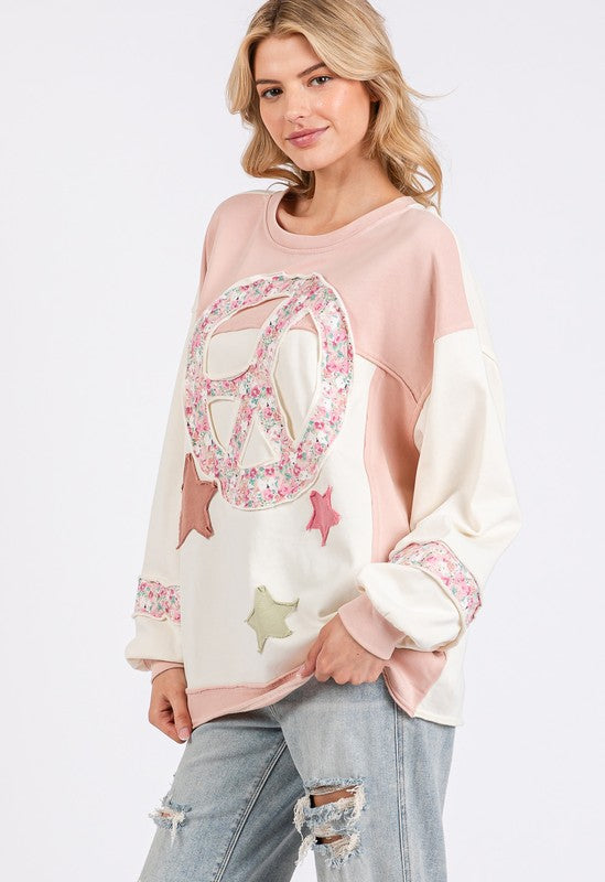 SAGE + FIG Peace & Star Patch Contrast Round Neck Sweatshirt - Get Stylish