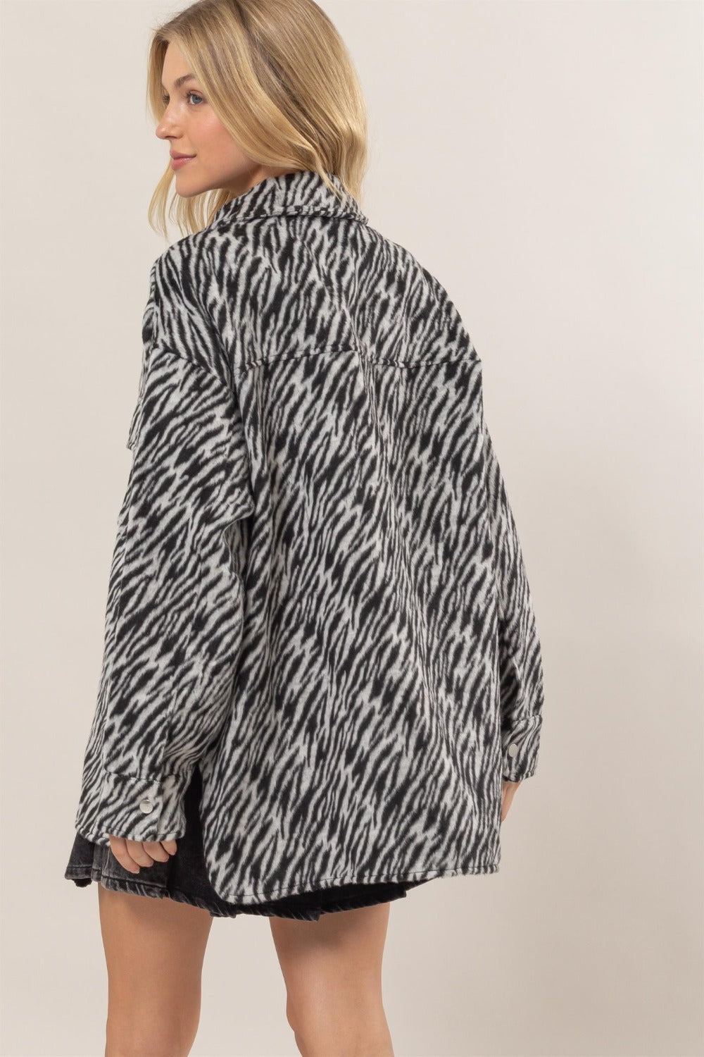 HYFVE Zebra Print Snap Down Long Sleeve Shacket - Get Stylish