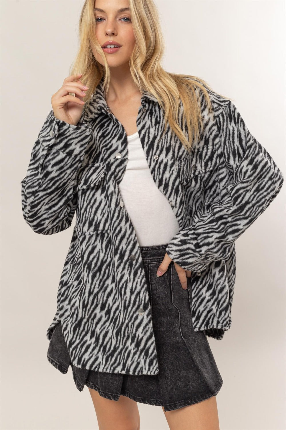 HYFVE Zebra Print Snap Down Long Sleeve Shacket - Get Stylish