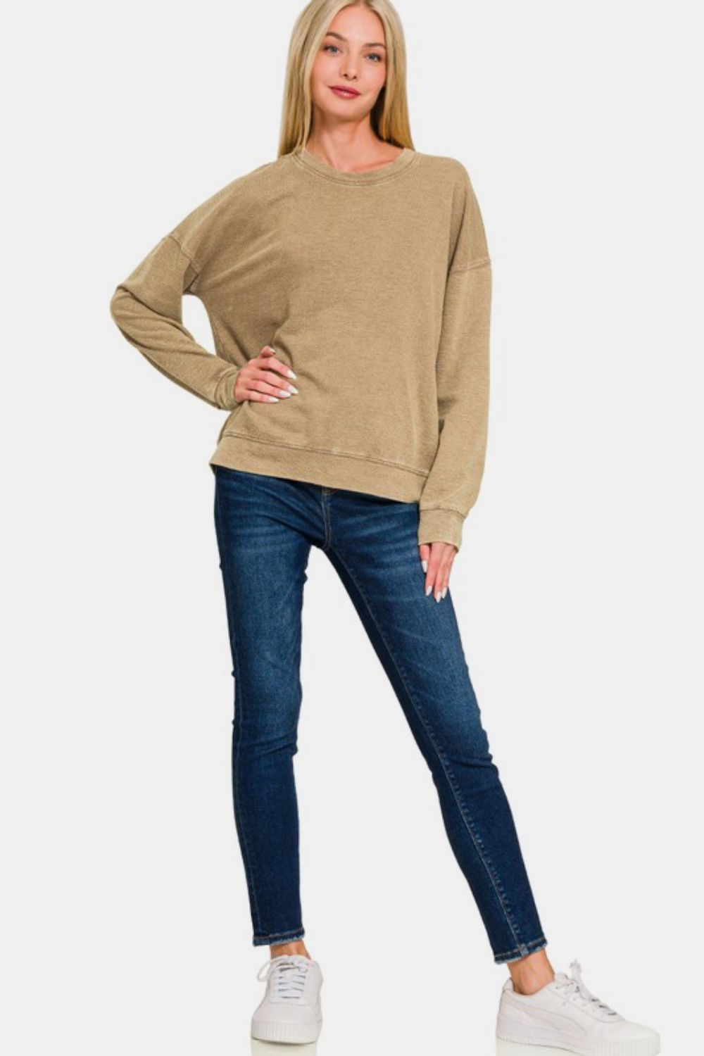 Zenana Washed Round Neck Dropped Shoulder Sweatshirt - Get Stylish