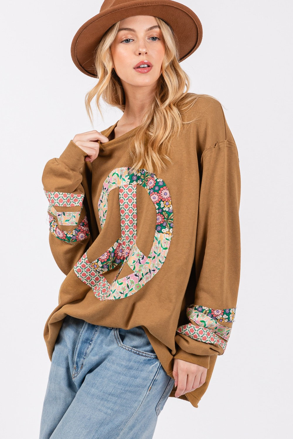 SAGE + FIG Peace Applique Patch Long Sleeve Top - Get Stylish