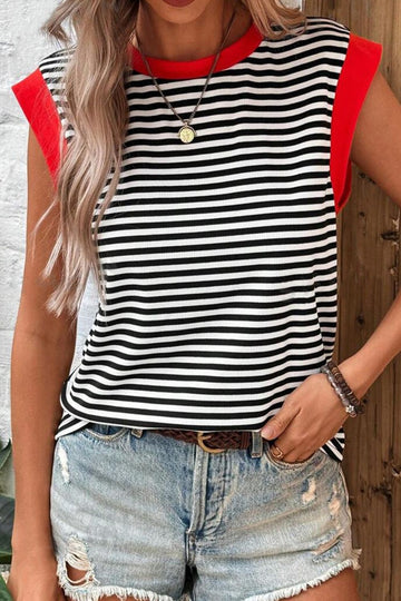 Striped Round Neck Cap Sleeve Top