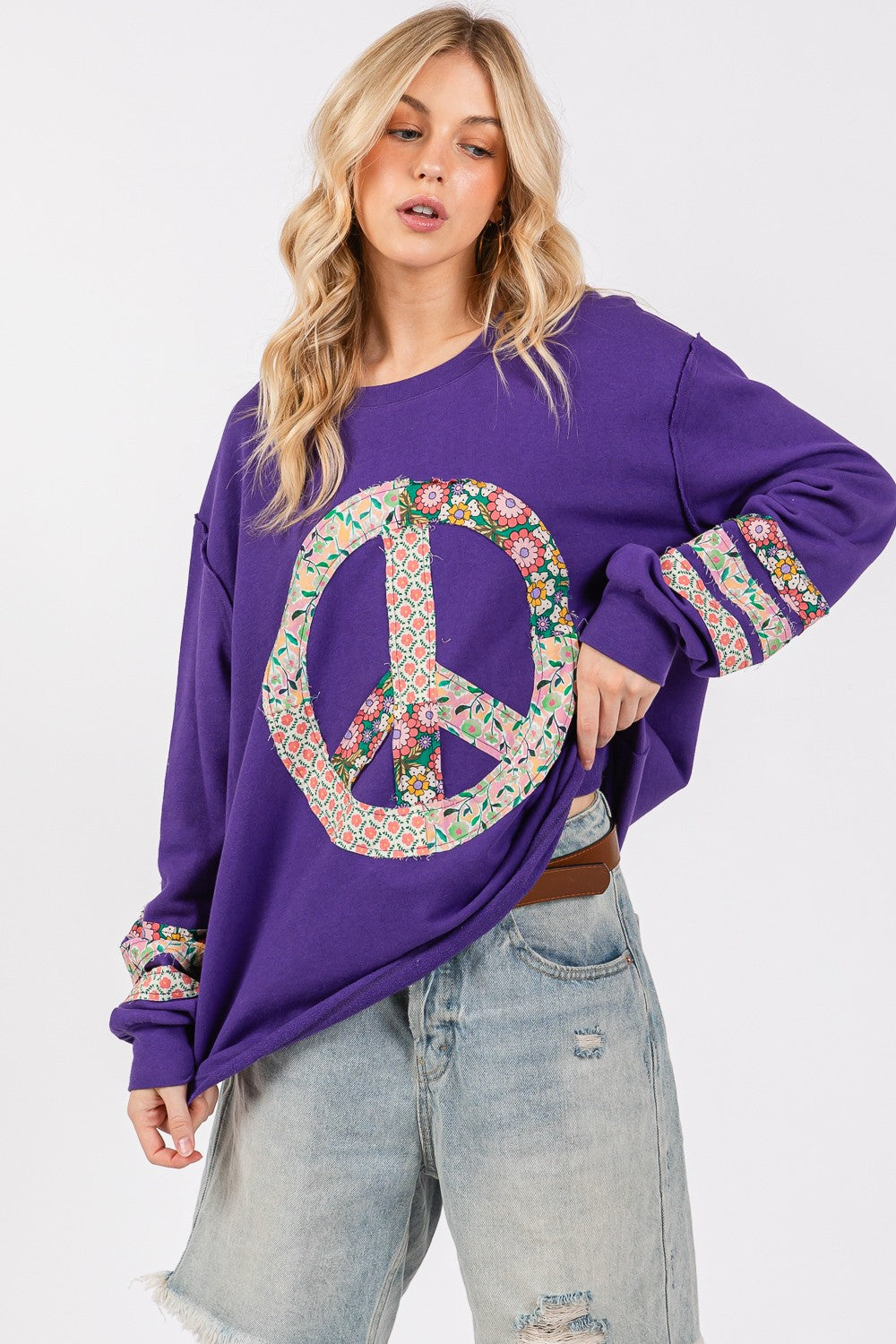 SAGE+FIG Peace Applique Patch Long Sleeve Top - Get Stylish