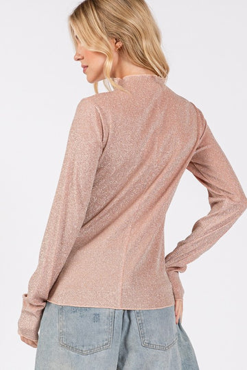 SAGE + FIG Glitter Mock Neck Lettuce Hem Long Sleeve Top