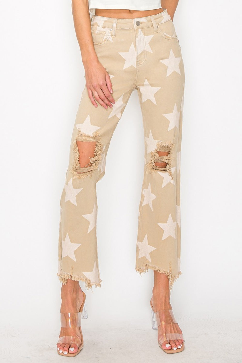 RISEN Full Size High Rise Star Printed Frayed Hem Jeans - Get Stylish