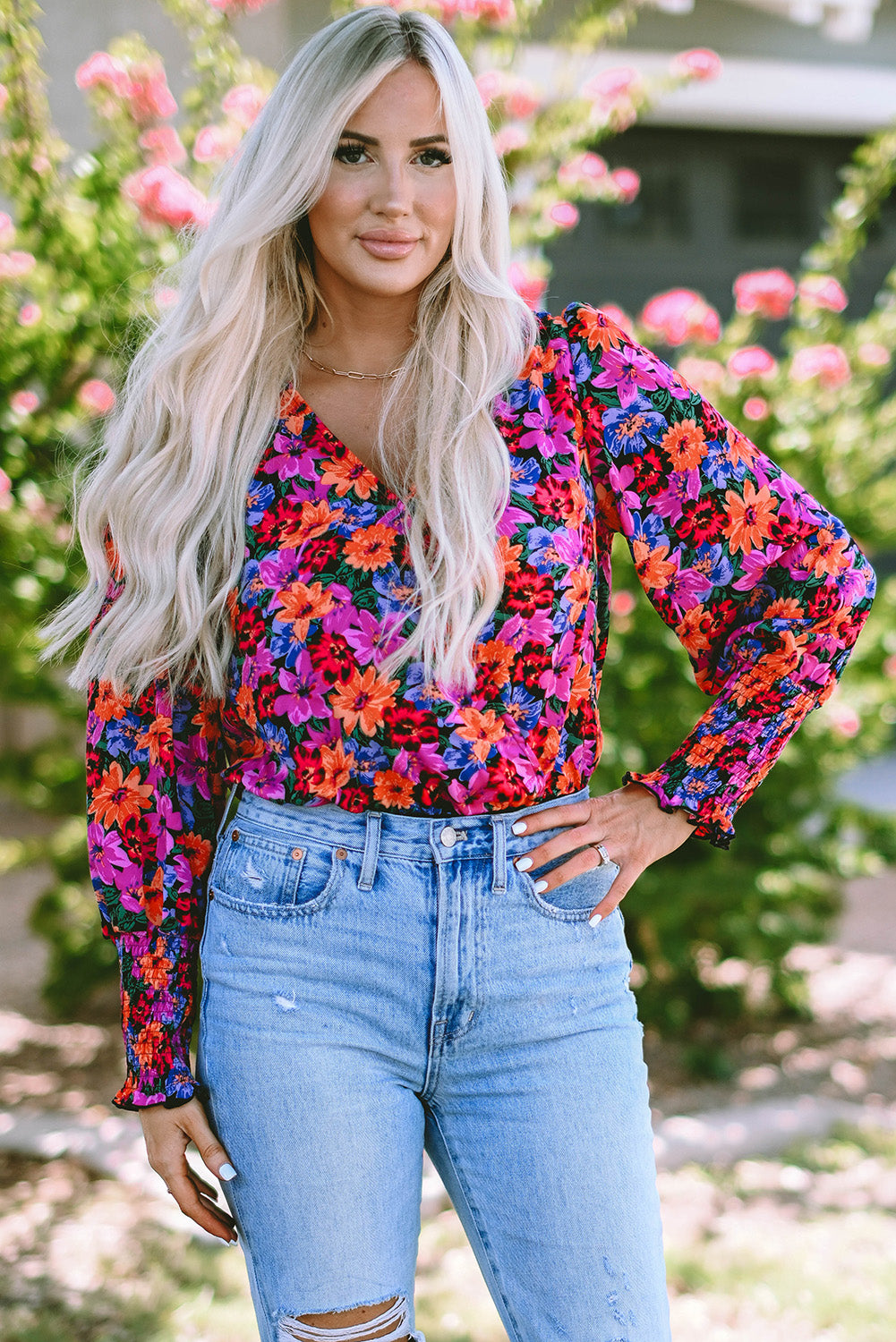 Flower Surplice Long Sleeve Top