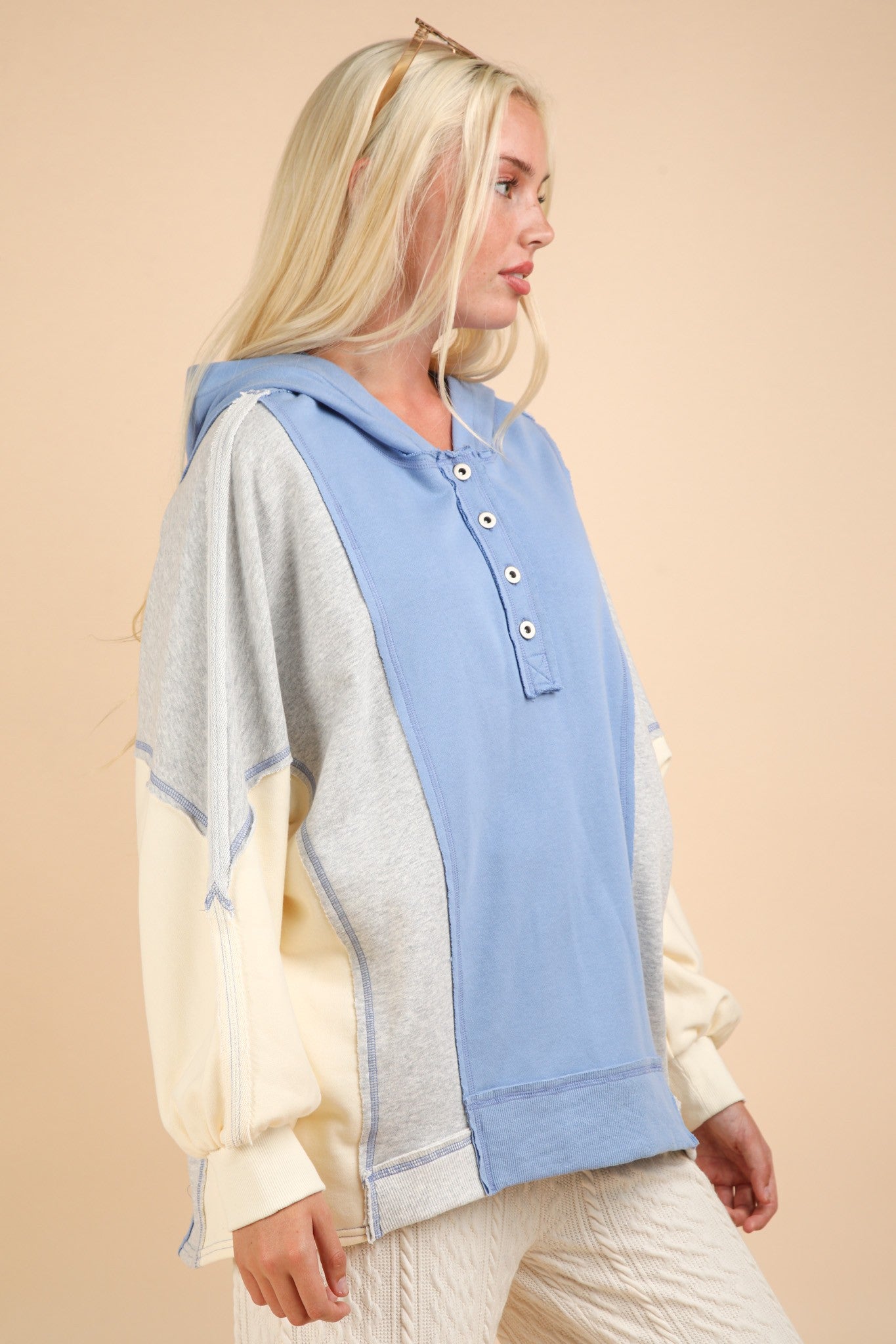 VERY J Exposed Seam Color Block Half Button Hoodie - Get Stylish