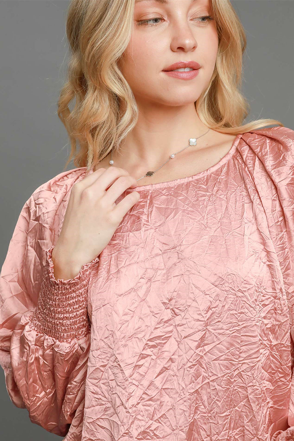 Umgee Wrinkled Round Neck Lantern Sleeve Blouse - Get Stylish