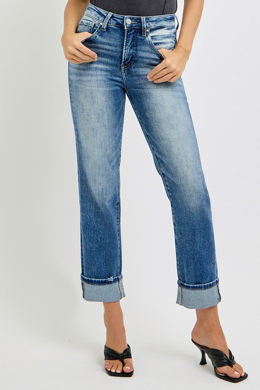 RISEN Full Size High Rise Crop Straight Roll Up Jeans - Get Stylish