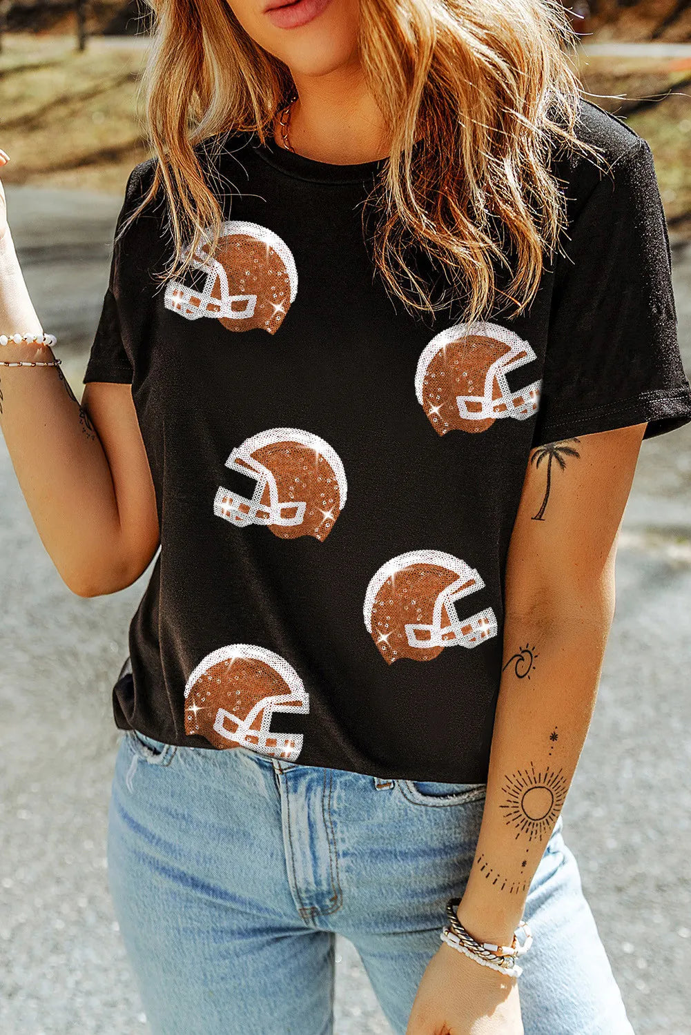 Sequin Round Neck Short Sleeve T-Shirt