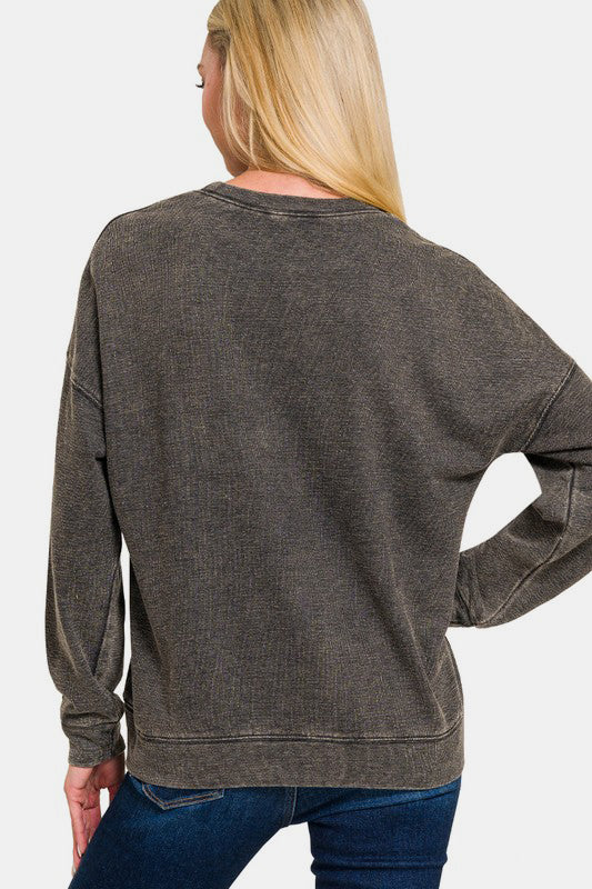 Zenana Washed Round Neck Dropped Shoulder Sweatshirt - Get Stylish