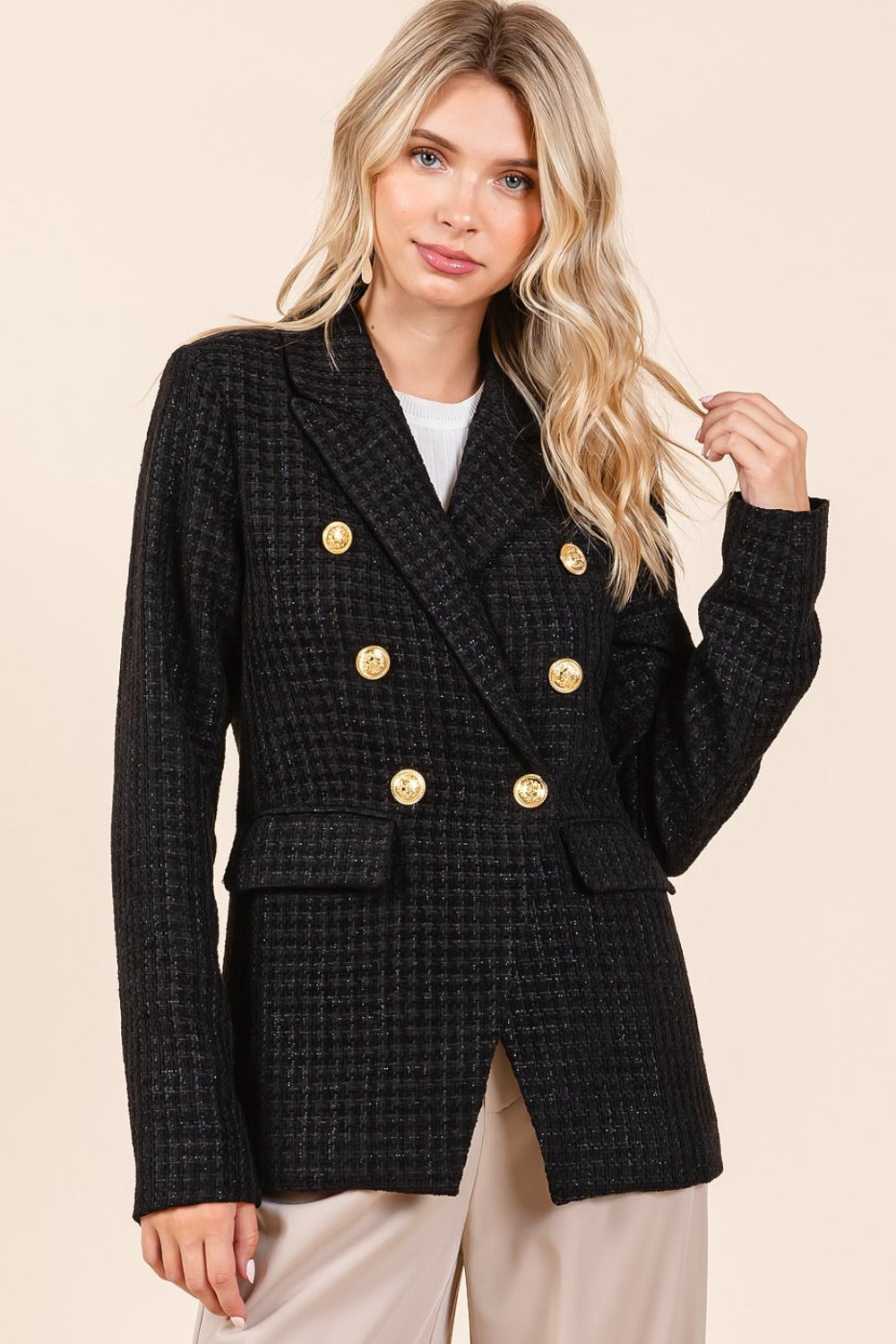 Mittoshop Plaid Texture Double-Breasted Long Sleeve Blazer - Get Stylish