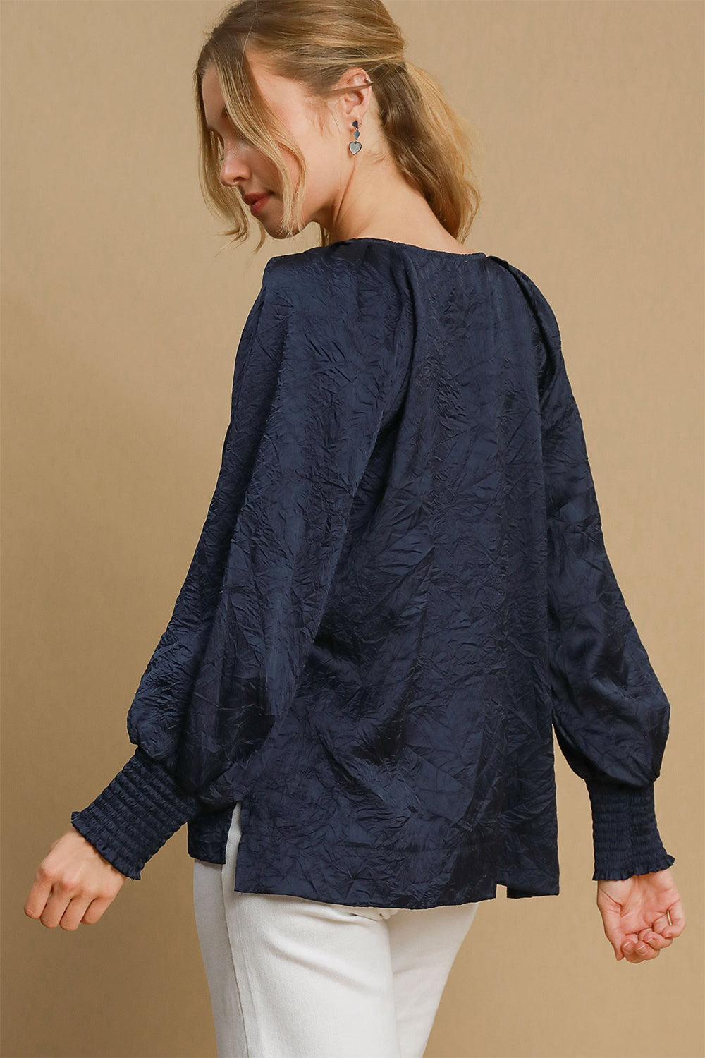 Umgee Wrinkled Round Neck Lantern Sleeve Blouse - Get Stylish