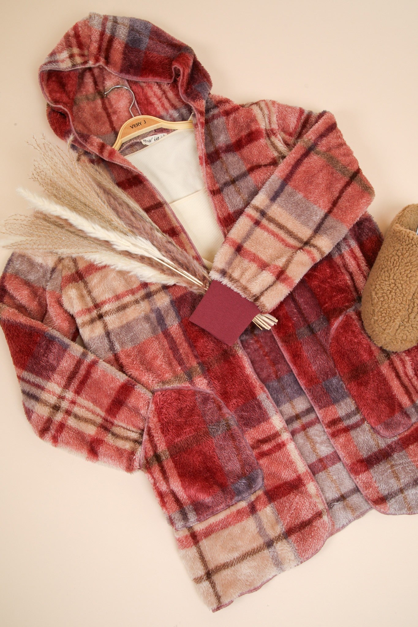 VERY J Fuzzy Plaid Long Sleeve Hooded Jacket - Get Stylish