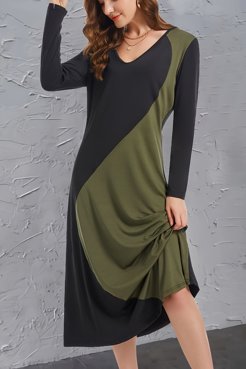 Contrast Long Sleeve Midi Dress