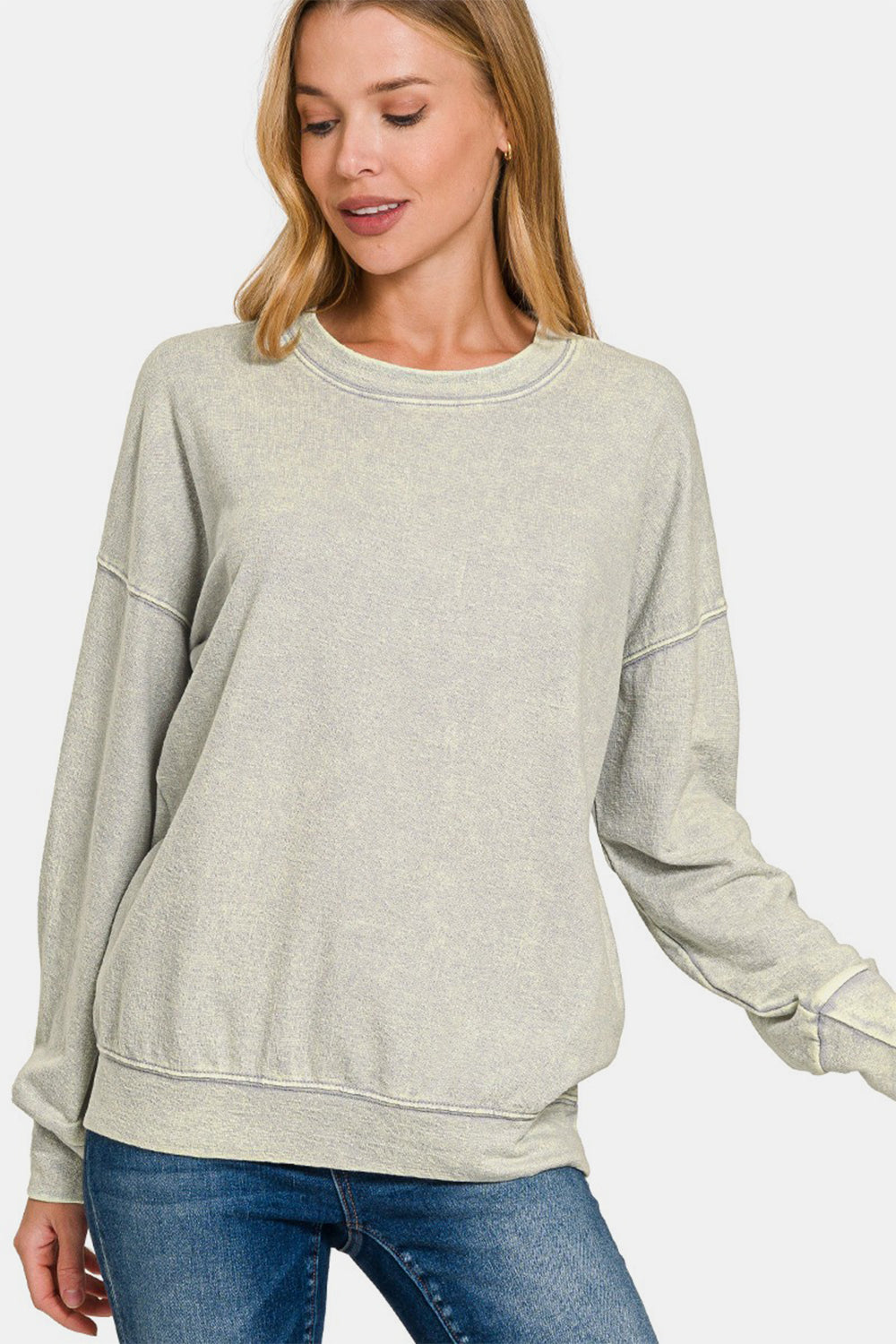 Zenana Washed Round Neck Dropped Shoulder Sweatshirt - Get Stylish