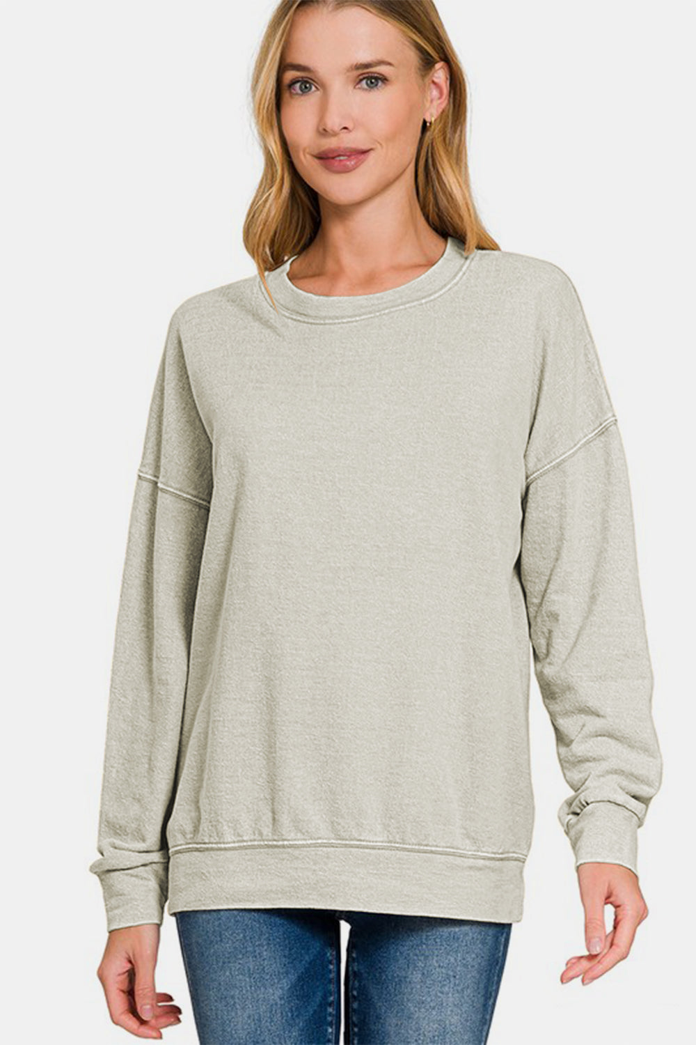 Zenana Washed Round Neck Dropped Shoulder Sweatshirt - Get Stylish