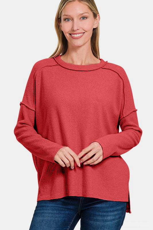 Zenana Full Size Exposed Seam Brushed Round Neck Sweater - Get Stylish