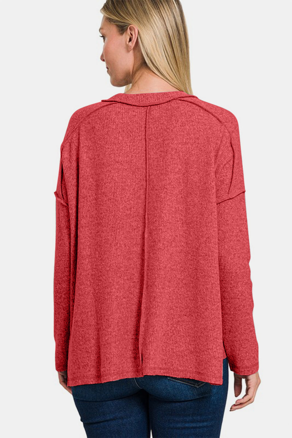 Zenana Full Size Exposed Seam Brushed Round Neck Sweater - Get Stylish