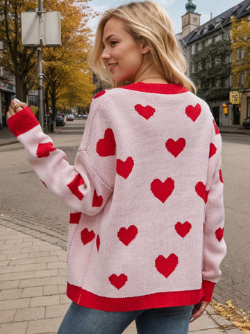 Heart Button Up Dropped Shoulder Long Sleeve Cardigan