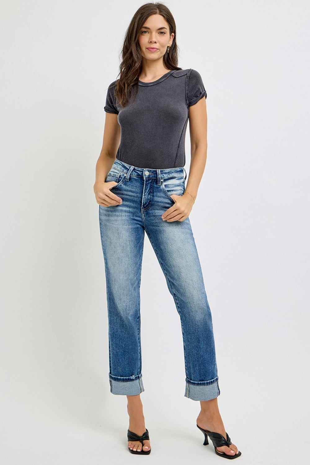 RISEN Full Size High Rise Crop Straight Roll Up Jeans - Get Stylish