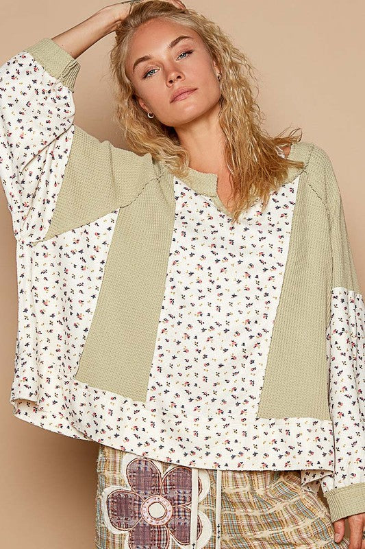 POL Waffle Knit Floral Notched Long Sleeve Top - Get Stylish