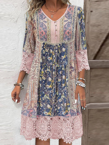 Full Size Lace Detail Printed Three-Quarter Sleeve Dress